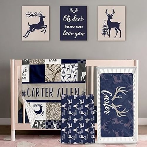 Personalized Baby Crib Bedding Set: 4 Piece Custom Gift Crib Bed Set with Name - Navy Deer Design, Nursery Bedding Set for Baby Girls,Newborn Boys Girls Crib Sets, Crib Bedding Shower Gifts
