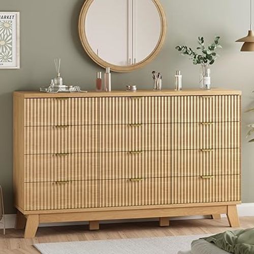 Fluted Dresser for Bedroom with 12 Drawers, 57" Wide Modern Chest of Drawers with Metal Handle, Wooden Dresser TV Stand, Wood Closet Clothes Storage Organizer for Living Room, Hallway, Natural Oak