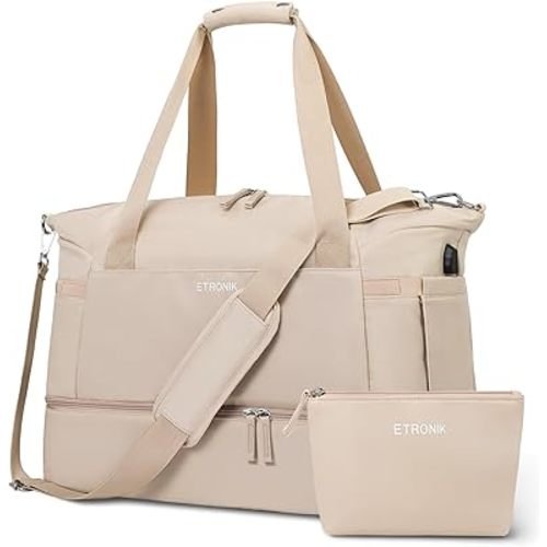 ETRONIK Gym Bag for Women, 47L Carry On Travel Duffel Bag with Shoes Compartment, Weekender Overnight Bag with Wet Pocket & USB Charging Port for Women, Travel, Gym, Weekend, Large Size (Khaki)