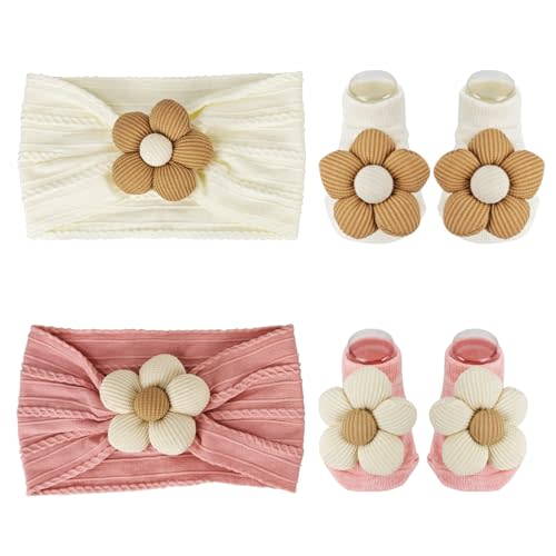 Nirvany Baby Girl Headbands and Socks Set, Non-Slip Socks with Flower Hairbands, Comfortable Newborn Infant Toddler Accessories (Pink/Cream Yellow, 6-12 months)