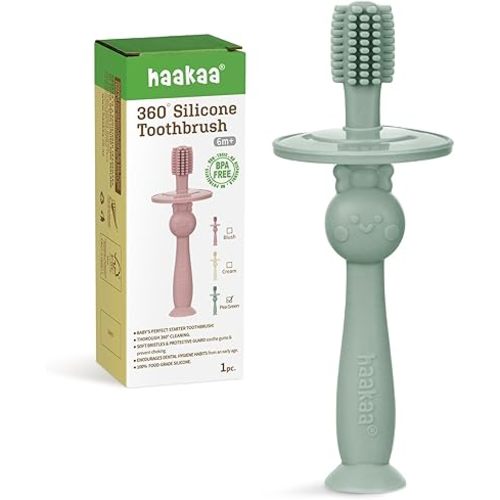 haakaa 360° Baby Toothbrush with Suction Base - Gentle Cleaning for Infant Self-Brushing Training, Food-Grade Silicone, Adjustable Safety Shield - Pea Green (1 Piece)