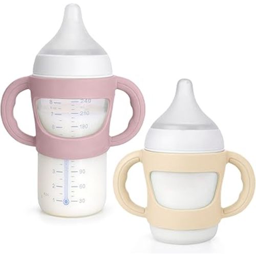 BUSOHA 2 Pack Silicone Sleeves for NUK Bottles - Baby Bottles Sleeves Compatible with NUK Baby Bottles Easy-Grip Removable Handle for Silicone Bottle 4oz and 8oz,Pink+Beige