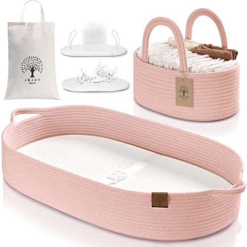 J&JOO Baby Changing Basket includes Diaper Caddy - Breathable & Waterproof Dual-Cover, Portable, Changing Pad for Dresser & Changing Table, Gift for Baby Shower, Cotton Rope Basket for Baby