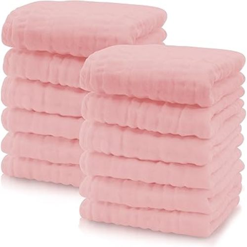 Cute Castle 12 Pack Muslin Baby Washcloths - Large 12'' by 12'' - Ultra Soft 100% Cotton - Super Absorbent Burp Cloths for Unisex, Boy, Girl -Pink