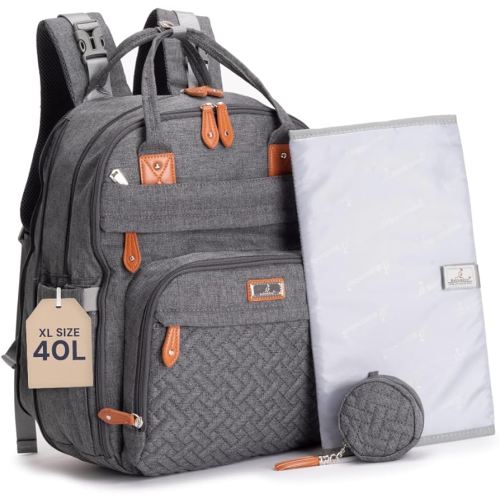 BabbleRoo Extra Large Diaper Bag Backpack, Expandable Baby Bag with Up to 50% More Capacity - Travel Essentials Baby Bag Tote with Changing Pad, Stroller Straps & Pacifier Case - Unisex, Dark Gray