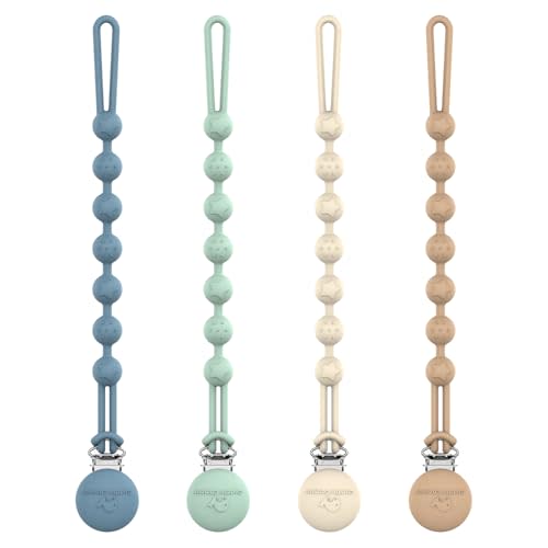 Cuddle Campus Silicone Pacifier Clip Holder with One Piece Design, Pack of 4 Soft Flexible Binky Clips with Texture Set 1(6M+)