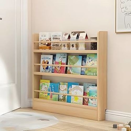 Behind The Door Bookshelf, Wooden Behind Door Bookshelf 3-Tier, Space-Saving Kids Bookcase Book Shelf Organizer Storage for Toys and Books