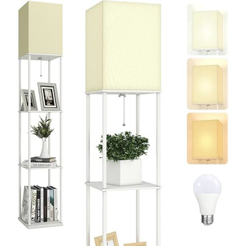TABEVIO Floor Lamp with Shelves-Modern Shelf Floor Lamp with 3 Color Temperature E26 Bulb,Display Bookshelf Corner Tall Standing Shelf Lamp for Living Room,Bedroom,and Office(White)