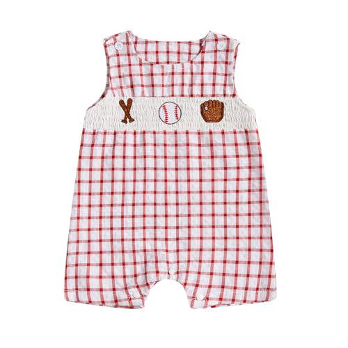 Chloefairy Newborn Baby Boy Girl Baseball Outfit Sleeveless Overalls Romper Smocked Baseball Bubble Summer Plaid Bodysuit