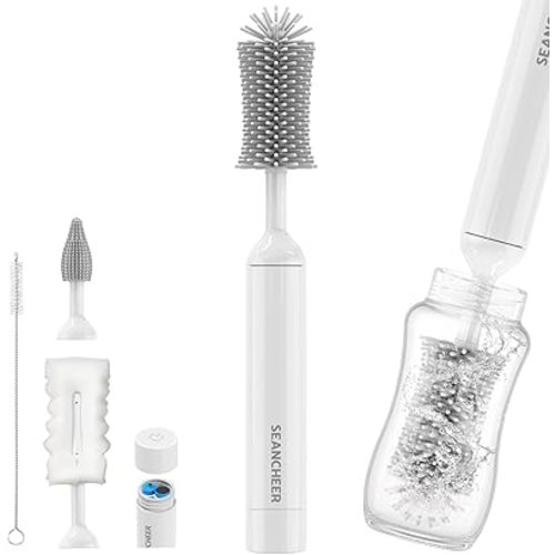 S02 Electric Bottle Brush Cleaner, Waterproof Baby Bottle Brush, AA Battery-Powered & 360° Wrist-Friendly, with Silicone Bottle/Nipple/Sponge/Straw Brush, Perfect Essentials for New Parents