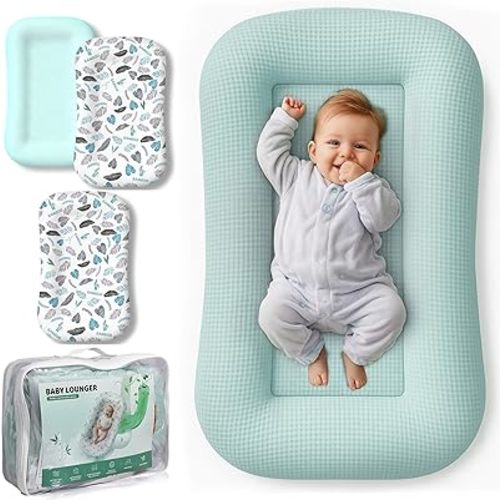 Baby Lounger Nest Bundle with 3 Lounger Covers, Breathable Waffle Lounger & Silky Soft Bamboo Viscose Covers, Portable Newborn Essentials, Blue
