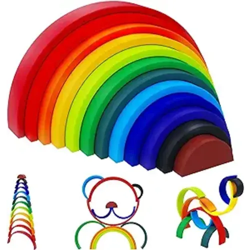Wooden Rainbow Stacking Toy - Montessori Toys for 3+ Year Old - Rainbow Stacker Grimms Extra Large for Kids 2 3 4 5 Boys and Girls - 12 Pieces