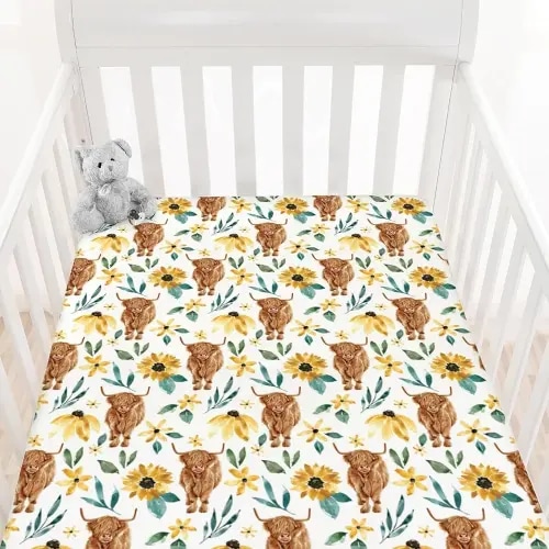 HawSkgFub Highland Cow Sunflower Fitted Standard Crib Sheet for Baby Girl, Fall Western Farm Animal Yak Flower Toddler Mattress Cover, Soft Stretchy Nursery Bed Sheets Floral Decor Kids Gift 52" x 28"