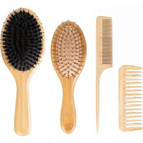 4 PCS Bamboo Hair Brushes Set,Boar Bristle and Detangling Combs,Hair Care Tools with Natural Bristles, Birthday Gift for Family Friend Women Men Mother Hairbrush Kit