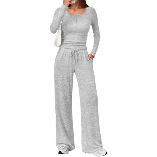 Trendy Queen Women's 2 Piece Matching Lounge Sets Fall Fashion Outfits Henley Neck Sweater Top Wide Leg Pants Sweat Suits