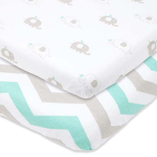 Joey + Joan Fitted Sheets for Graco Pack n Play Playards (24 x 38 inch) - Grey Elephants & Chevron (2 Pack)
