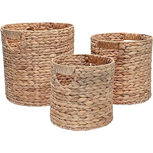 happimess BSK2011A-3SET Avery Bohemian Cottage Handwoven Hyacinth Cylinder Nesting Wicker Storage Baskets with Handles, Natural (Set of 3), Seagrass Containers for Decoration in Living Room, Bedroom
