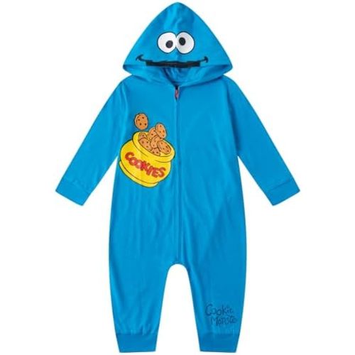 Sesame Street Boys’ Elmo or Cookie Monster Zip Up Long Sleeve Hooded Romper for Newborn, Infant and Toddler Kids