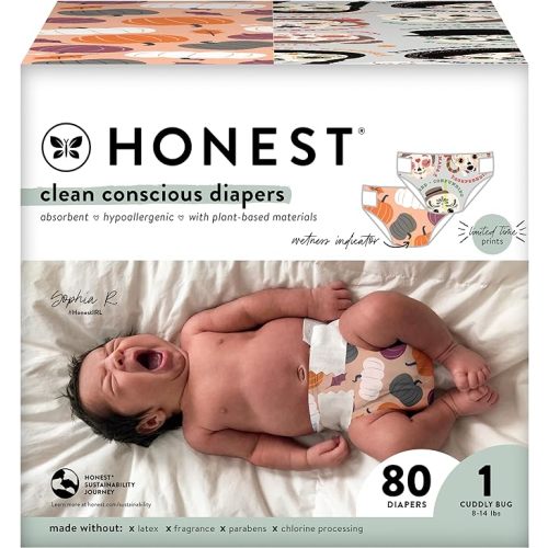 The Honest Company Clean Conscious Diapers | Plant-Based, Sustainable | Fall '23 Limited Edition Prints | Club Box, Size 1 (8-14 lbs), 80 Count