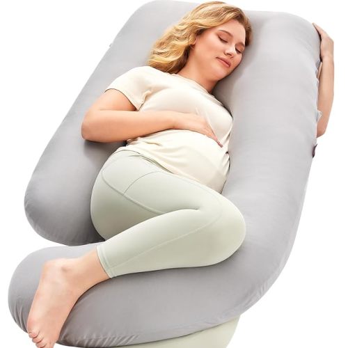Momcozy Pregnancy Pillows for Sleeping, U Shaped Full Body Pillow for Pregnancy Women with Removable Jersey Cotton Cover, 57 Inch Maternity Pillow, Grey - Jersey Knit Cotton- Gray