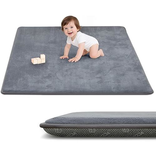 ACOMOPACK 1.3" Thick Baby Play Mat for Floor 50x50"-Memory Foam Water-Repellent Playpen Mat for Tummy Time,Non-Slip Soft Velvet Nursery Rug for Kids,Toddlers,Infants Crawling（Grey）