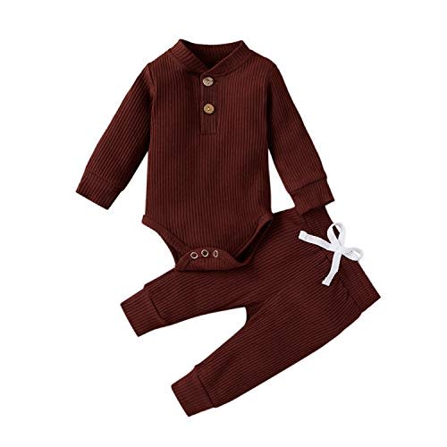 CIYCUIT Newborn Baby Boy Outfits Long Sleeve Solid Color Ribbed Knitted Romper Pants 2Pcs Gender Neutral Baby Clothes