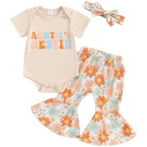 Aunties Bestie Baby Clothes Girl Baby Girl Aunt Saying Letter Romper Shirt Floral Flare Pants Headband 3Pcs Outfit