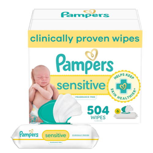 Pampers Sensitive Baby Wipes, Water Based, Hypoallergenic and Unscented, 6 Flip-Top Packs (504 Wipes Total)
