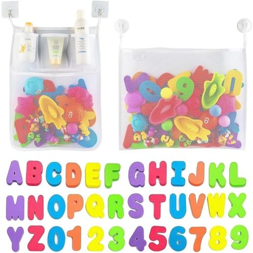 Comfylife 2 x Mesh Bath Toy Organizer + 6 Ultra Strong Hooks + 36 Bath Letters & Numbers – Eco-Safe, Fun, Educational Foam Letters and Perfect Toy Storage Net for Baby Bath Toys & More - White