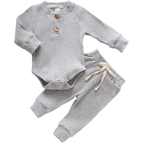 Newborn Baby Boy Girl Clothes Ribbed Knitted Cotton Long Sleeve Romper Long Pants Solid Color Fall Winter Outfits