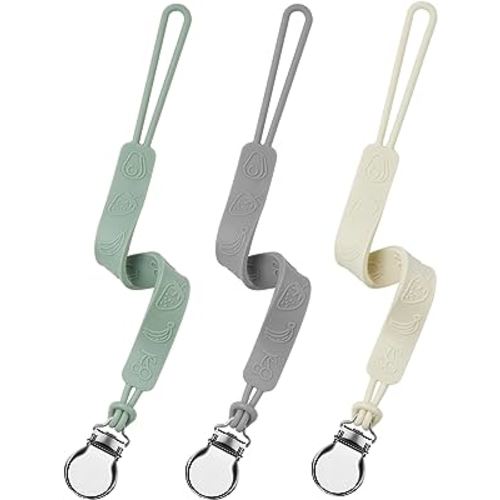 Silicone Pacifier Clip, Seposeve Pack of 3 Baby Pacifier Teether Clip with 4 Texture, Soft Flexible Silicone Pacifier Leashes & Cases for Boy and Girl, Keeps Pacifier Clean, Green Grey White