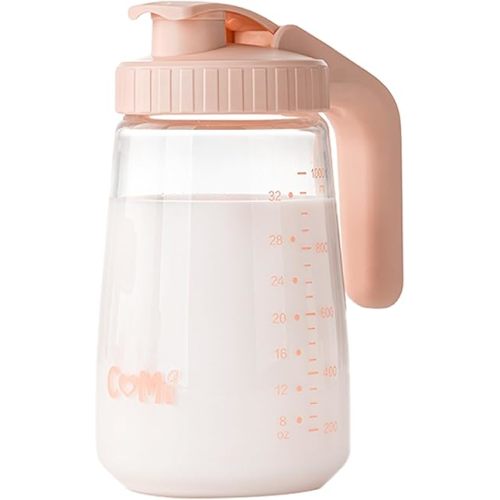 COMI 34oz Breast Milk Pitcher,Breast Milk Storage Containers for Fridge, Resistant to Heat and Cold,Breastfeeding Essentials with Sealing Ring, No Leak Glass Pitchers with Handle and Lid,Pink