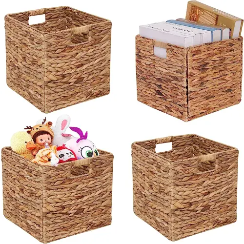 JGJCYO9 Storage Baskets Wicker Cube Baskets Foldable Handwoven Water Hyacinth Laundry Organizer,Set of 4 pcs Baskets-11x11x11inch