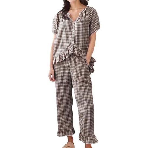 codcm Womens Gingham Pajama Set 2 Piece Short Sleeve Babydoll Shirt and Pants Lounge Set Cute Sleepwear