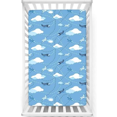 Nursery Airplane Themed Fitted Crib Sheet,Standard Crib Mattress Fitted Sheet Toddler Bed Mattress Sheets - Crib Mattress Sheet or Toddler Bed Sheet,28“ x52“,Dark Blue White Blue