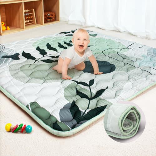 Beavtaens Baby Play Mat, 50x50 Playpen Mat, Thick Soft Foam Playmats for Baby, Foldable and Washable Crawling Mat for Floor(Green Leaf)