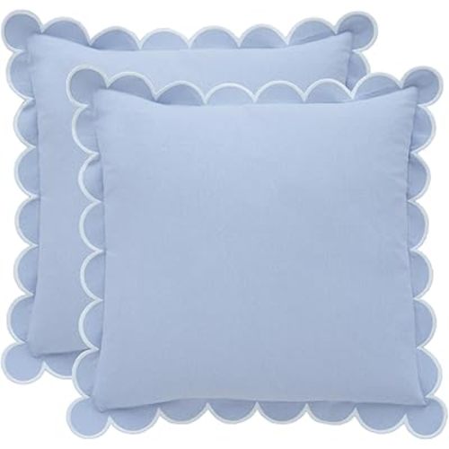 BEBE BASK Scalloped Pillow Cover Set of 2, 18x18, Cotton - Sky Blue/White