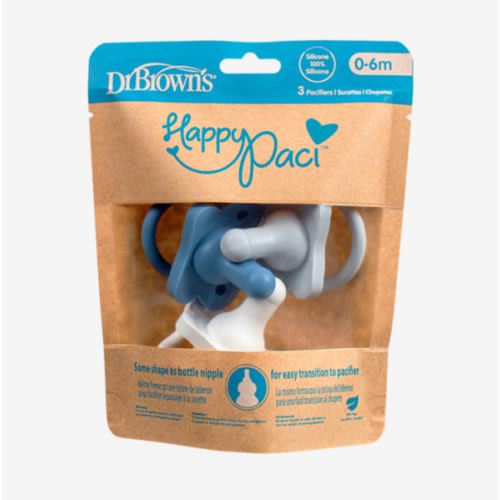 Dr. Brown's HappyPaci 100% Silicone Pacifier 0-6m, BPA Free, White Blue Light Blue 3-Pack