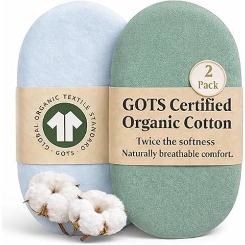 GOTS Organic Bassinet Sheets 15x33 in - 16x32 (Blue + Sage Green)