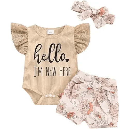 Hello World Newborn Outfit Baby Girl Going Home Outfit Ruffle Ribbed Romper Top Floral Pants Set Cute Summer Clothes