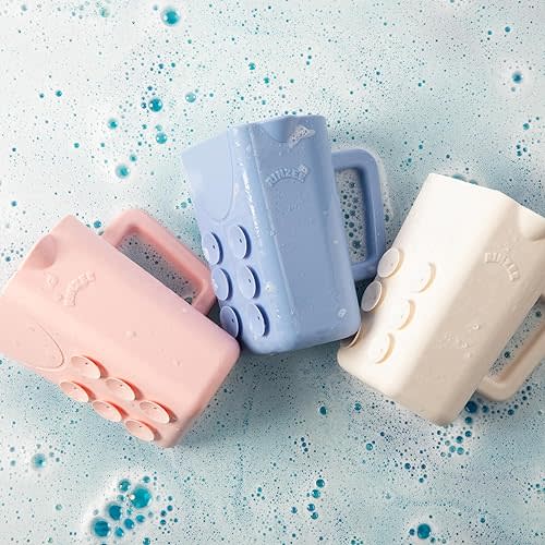 Baby Bath Cup with Suctions - BPA Free, 100% Food Grade Silicone Rinse Cup, Clutter-Free Tub Area, Kids Learning Tool, Sticks to Tiles, Drains Water Upside Down