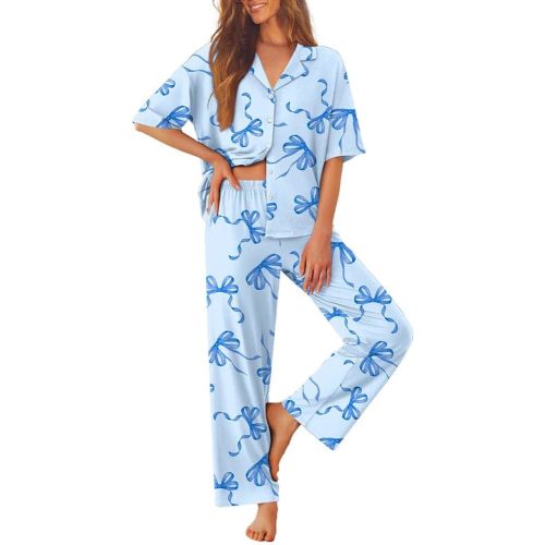 Ekouaer Women Pajamas Set Button Down Sleepwear Short Sleeve Pjs Soft Comfy Nightwear with Long Pants L