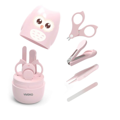Baby Nail Kit, 4-in-1 Baby Nail Care Set with Cute Case, Baby Nail Clippers, Scissors, Nail File & Tweezers, Baby Manicure Kit and Pedicure kit for Newborn, Infant, Toddler, Kids-Owl Pink