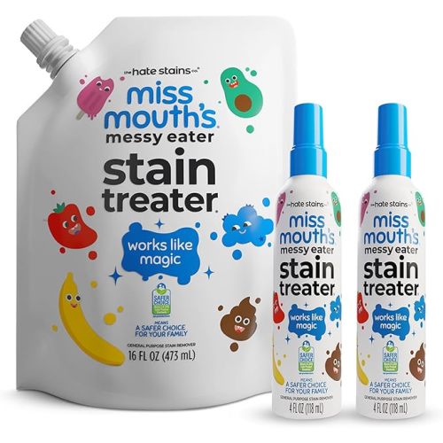 Miss Mouth’s Messy Eater Stain Treater Refill Ready Kit - 2 Pack Stain Remover Spray and 16oz Refill Pouch - Newborn & Baby Essentials - Food, Grease, Coffee Off Laundry, Underwear, Fabric