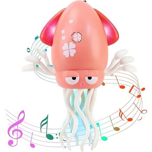 USB Rechargeable Dancing Octopus Baby Toy - Electric Crawling & Tummy Time Toy, Magical Musical Squid, Stress-Relief Desk Decor - Birthday for Kids Ages 1 2 3 4 5 6 Girls (Pink)