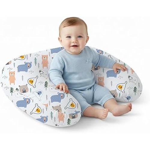 Little Grape Land Nursing Pillow,Upgraded Breast Feeding Pillow for Mom,Breastfeeding & Bottle Feeding for 0–18 Months, Soft Machine Washable Cover with Firm Breathable Filling for Tummy Time, Bear