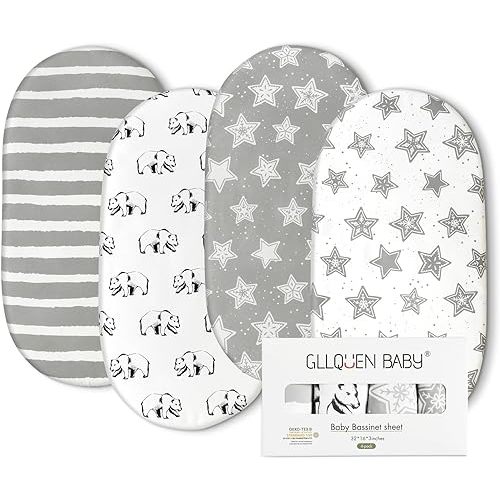 Gllquen Baby Bassinet Sheets 4 Pack, Breathable Cozy Fitted Mattress Sheet, Elastic Travel Crib Fashionable Floral Pattern, Standard Cradle Safe Sheets for Baby Boy Girls 32"X16" (Star)