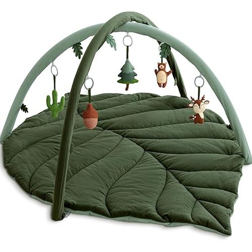 Baby Play Gym with Mat Leaf Shaped, Baby Play Mat with 6 Hanging Toys Tummy Time Mat, Baby Gym Activity Center, Washable (Green)
