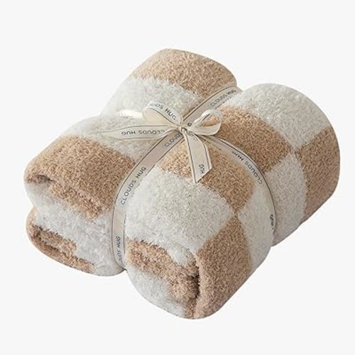 Checkered Throw Blanket for Couch - Super Soft Knit Bed Blanket, Fluffy Fuzzy Plush Lightweight Cozy Blankets for Sofa ,Light Brown,50" x 60"