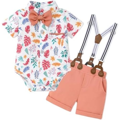 Baby Boy Clothes Suits 3-24M Infant Gentleman Wedding Outfits, Short Sleeve Shirt + Bowtie + Suspender Shorts Set